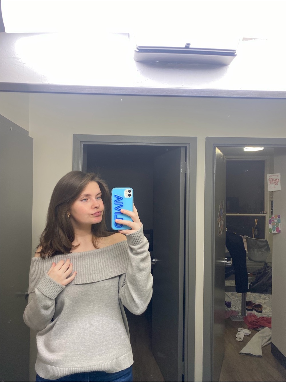 Off-Shoulder Ribbed Knit Sweater - Light Gray - Picture 3 of 3